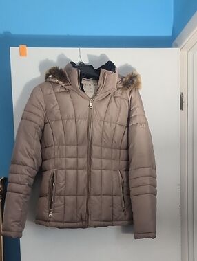 Calvin Klein Taupe Quilted Faux-Fur Hooded Puffer